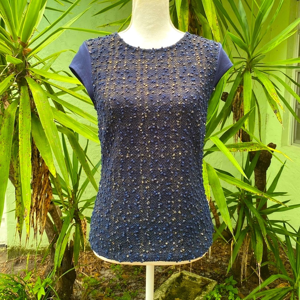 Navy Tweed Short Sleeve Top